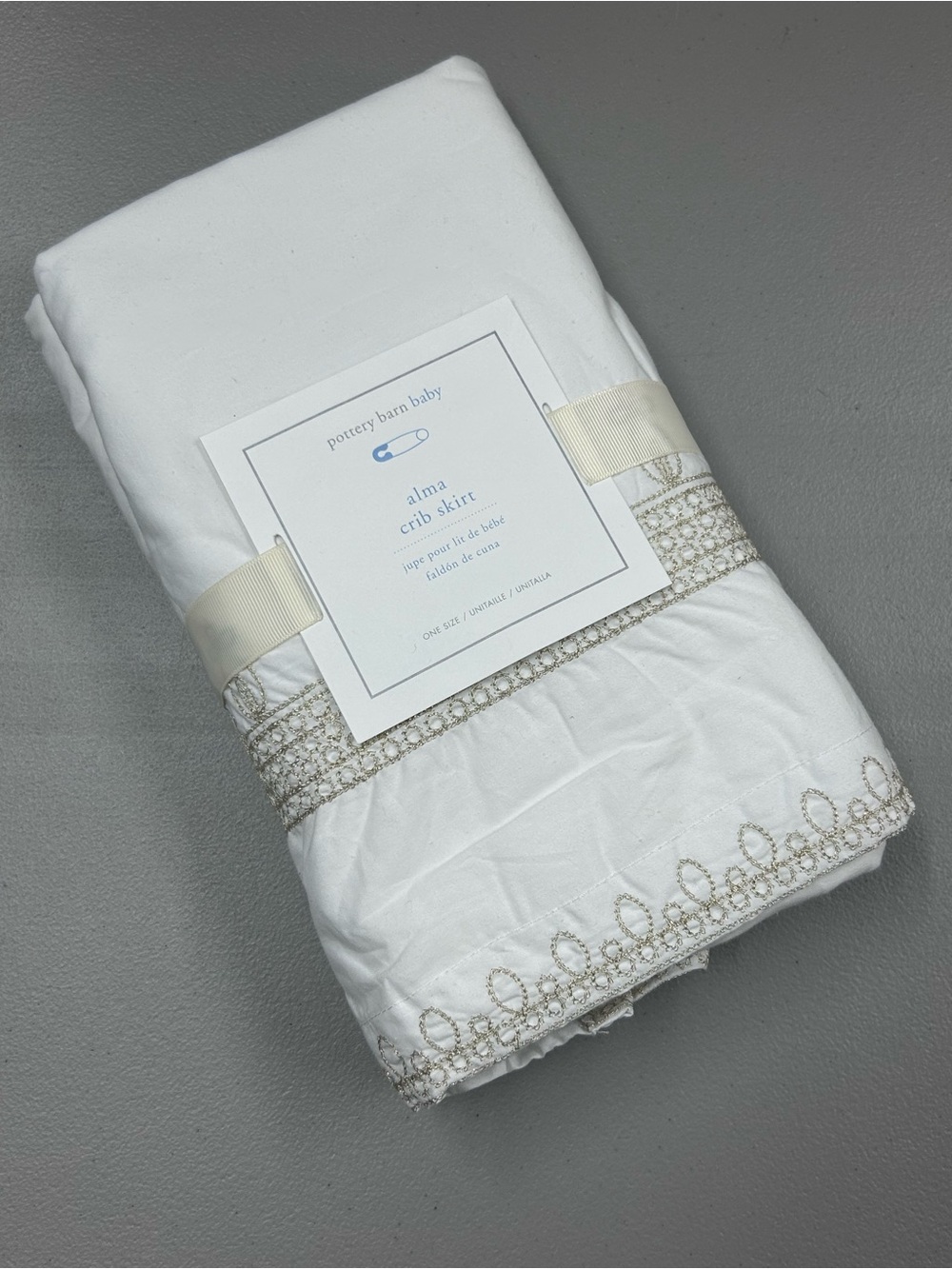 Pottery Barn Alma Baby Crib Skirt Ivory w/ Metallic Embroidered Pattern Trim NWT